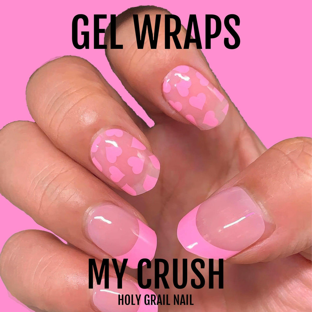 Pink gel nail wraps with heart design for at-home manicure