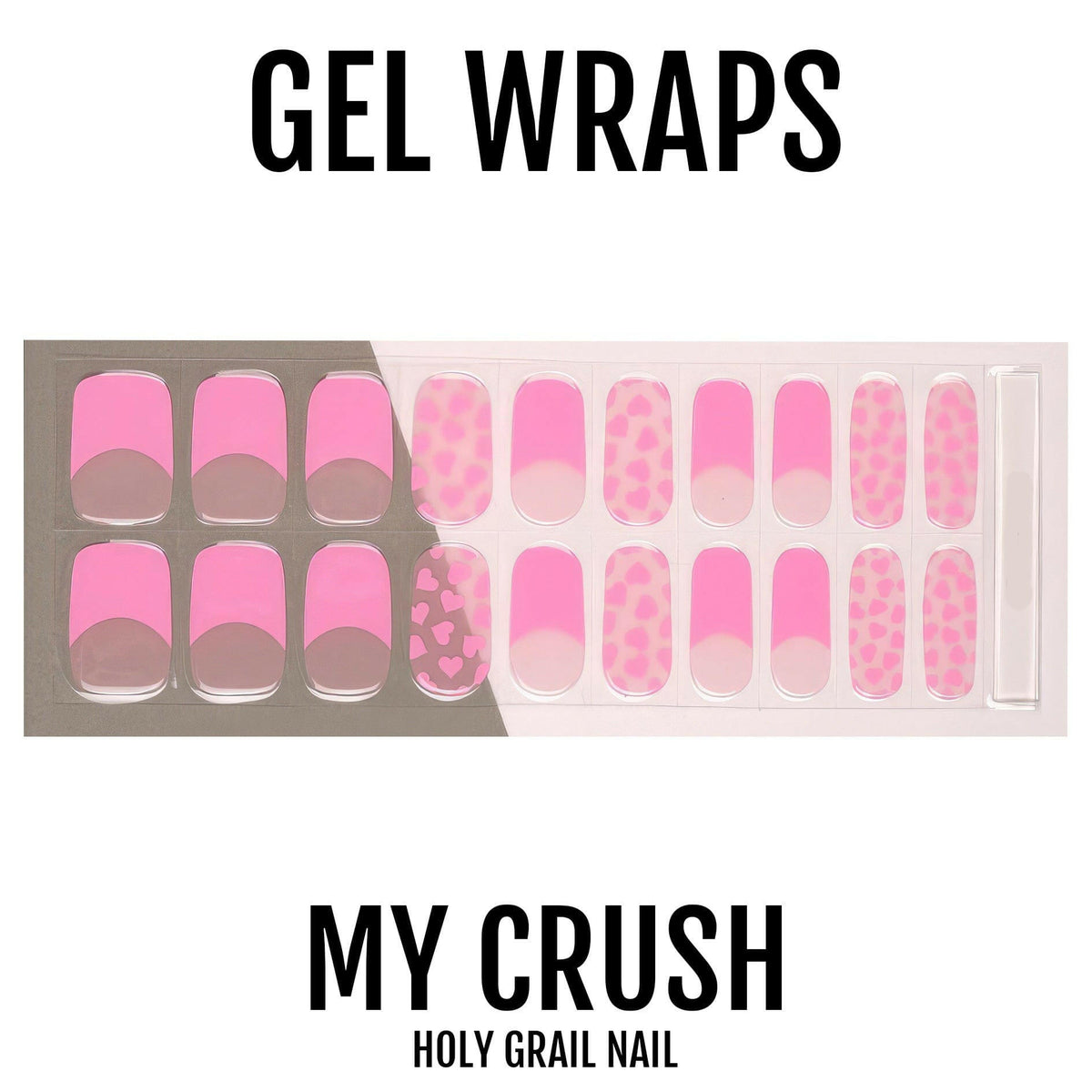 Pink gel nail wraps with hearts and polka dot patterns in various shades
