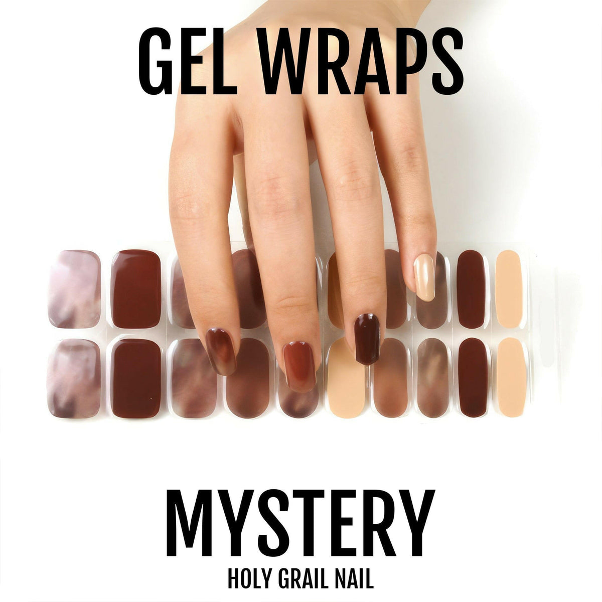 Brown and caramel gel nail wraps collection with tortoiseshell patterns displayed