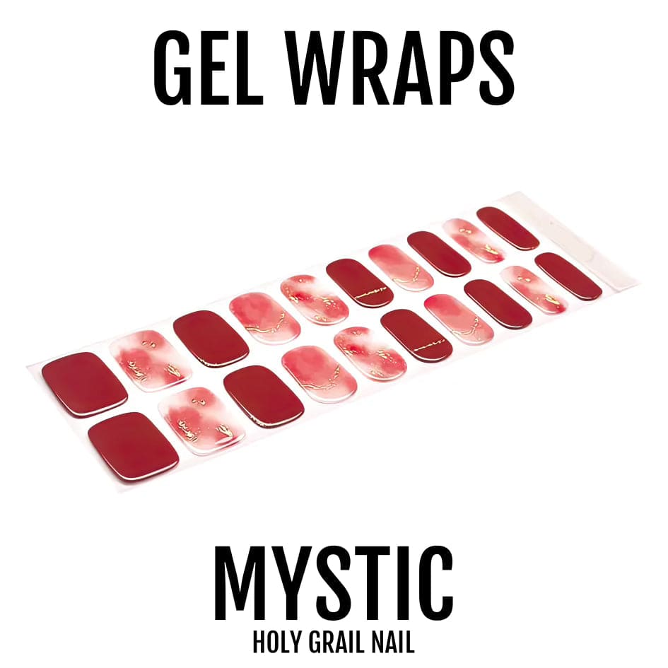 Red burgundy chrome gel nail wraps with gold chain detailing laid out on white background