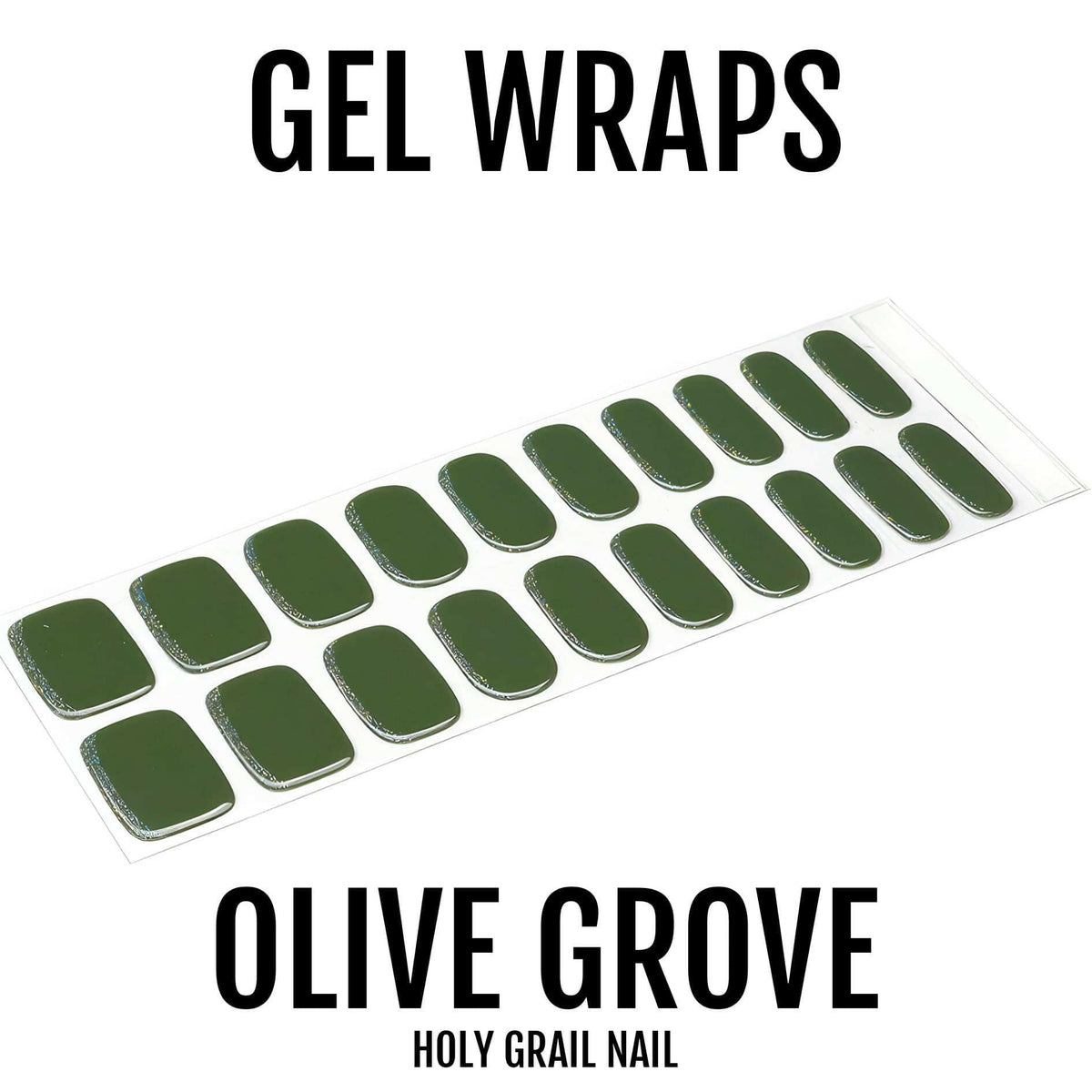 Olive green glossy gel nail wraps set with rounded square shape for at-home manicures