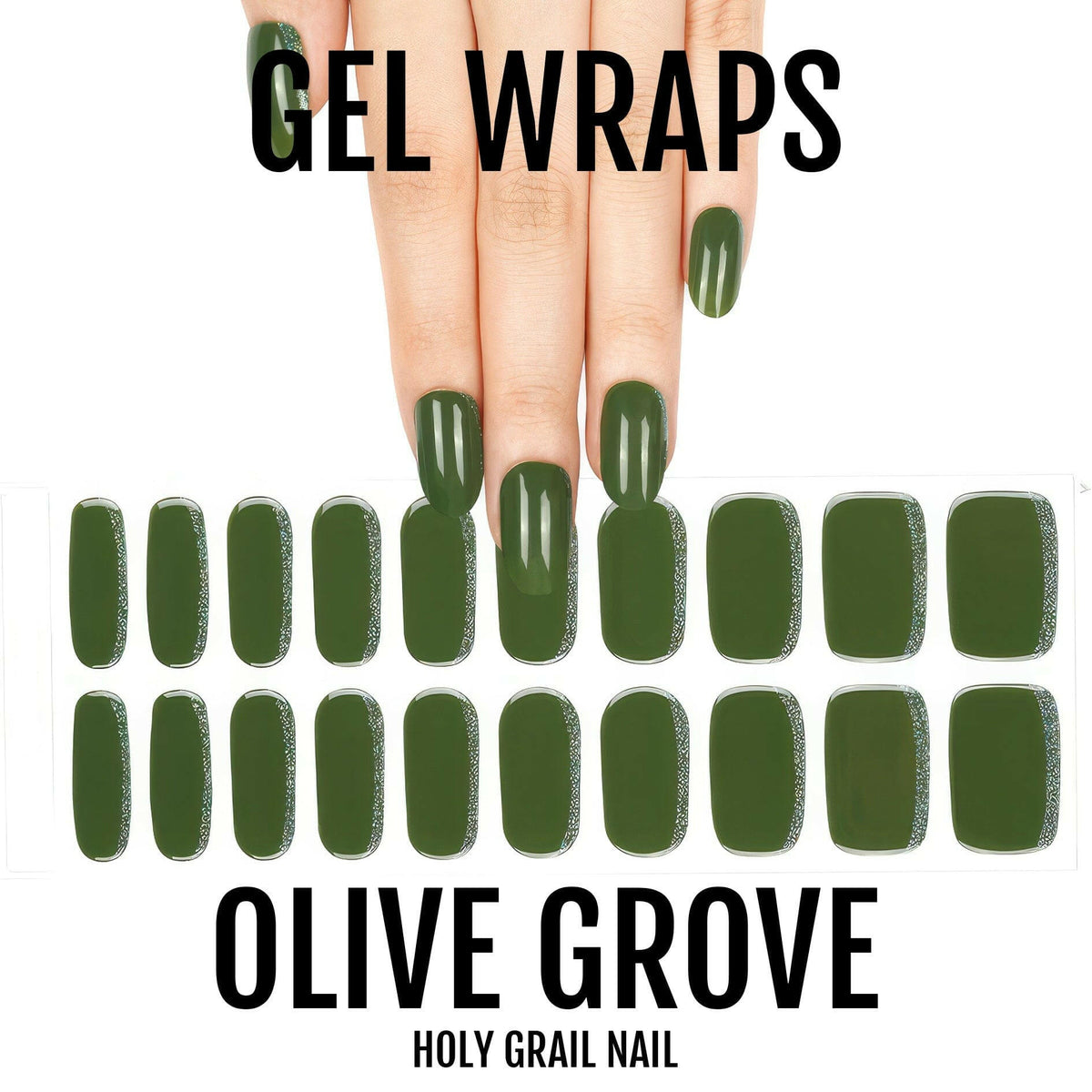Olive green gel nail wraps on hand showing glossy finish perfect for autumn nail art