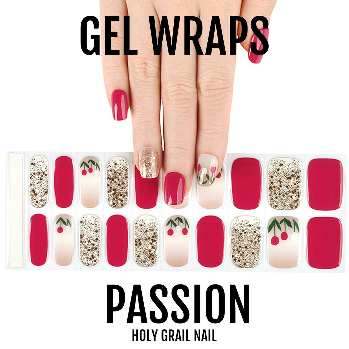 Red gel nail wraps with gold glitter and floral patterns on hand showing at-home manicure