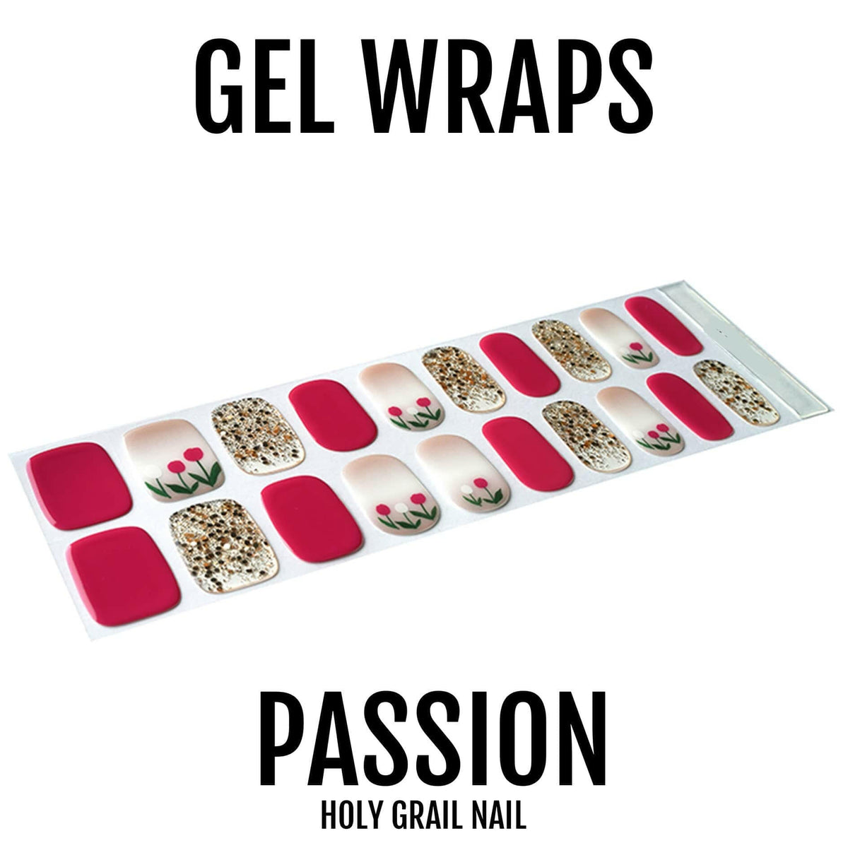 Passion gel nail wraps sheet featuring red, nude and gold glitter floral nail art designs