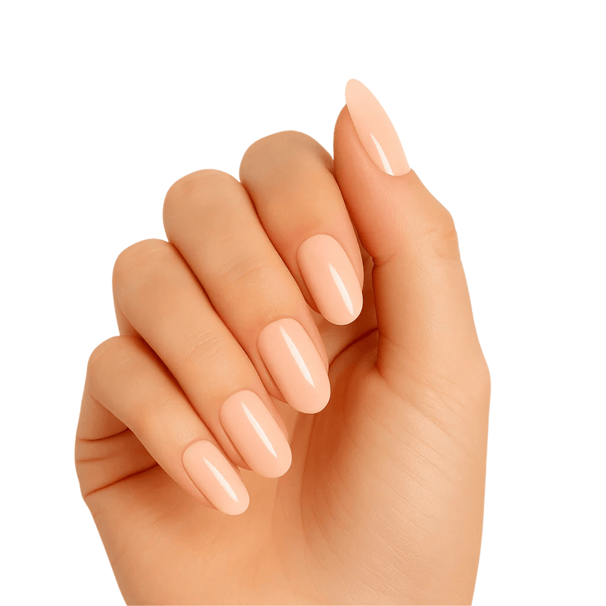 Glossy peach gel nail wraps on hand showing natural coral manicure finish