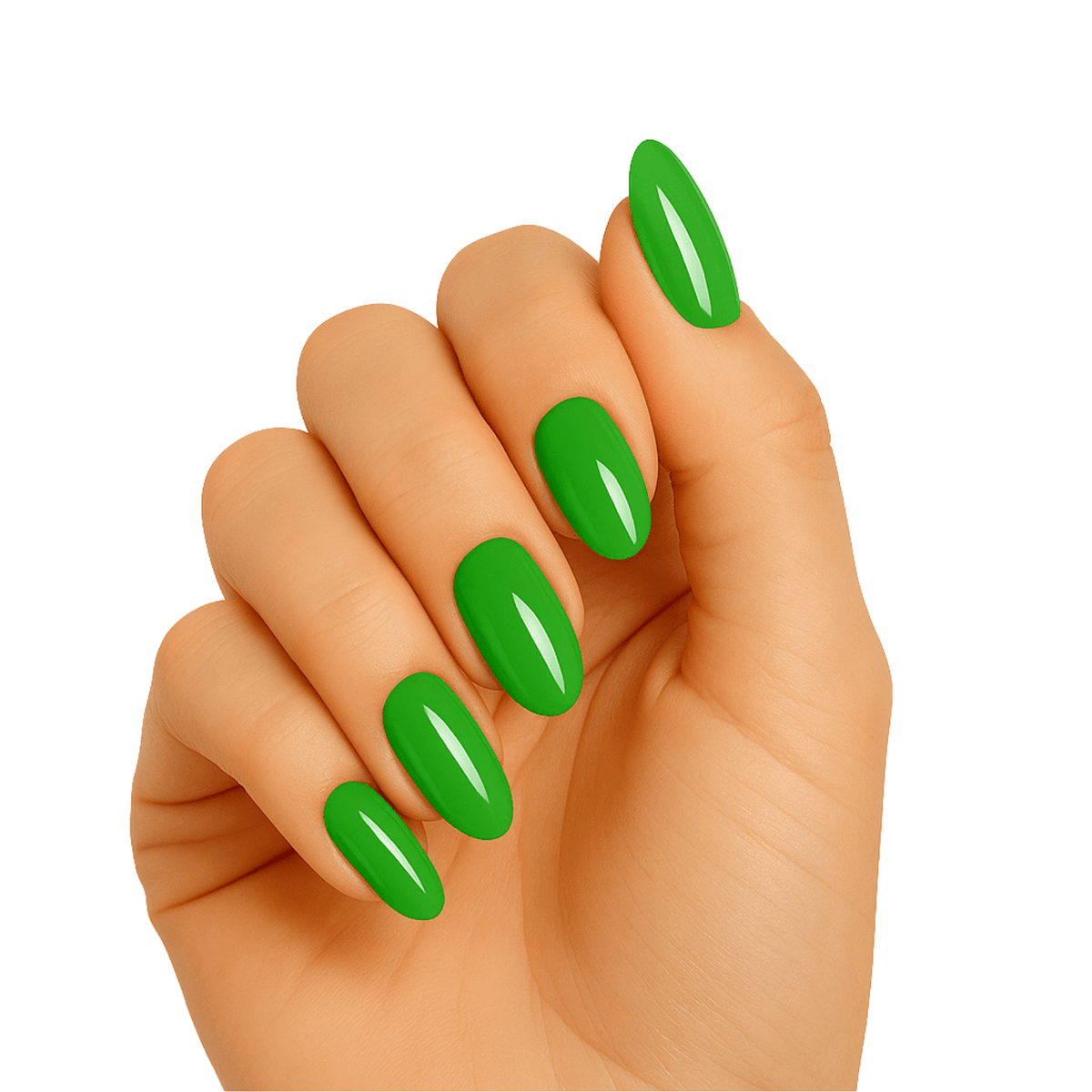 Bright green glossy gel nail wraps on hand showing vibrant emerald manicure