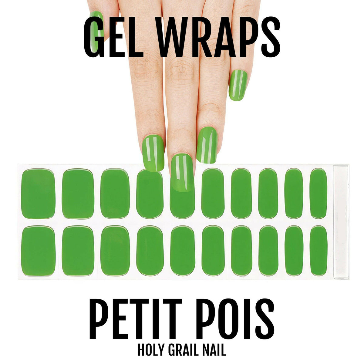 Bright green glossy gel nail wraps on hand with nail sheet showing vibrant emerald manicure design