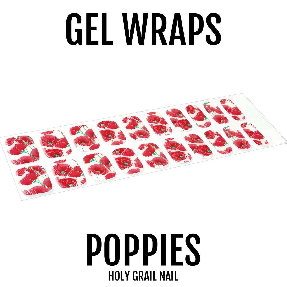 Red poppy gel nail wraps with floral pattern for at-home manicure