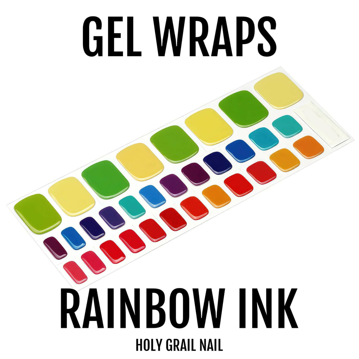 Rainbow gel pedicure wraps sheet showing colourful nail art designs in bright hues