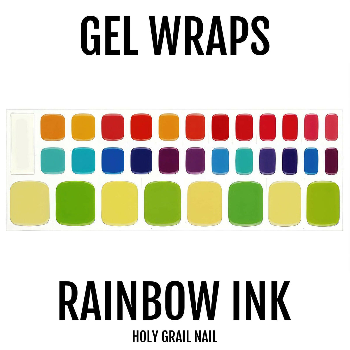Multicoloured gel nail wraps collection displaying rainbow pedicure designs in vibrant shades