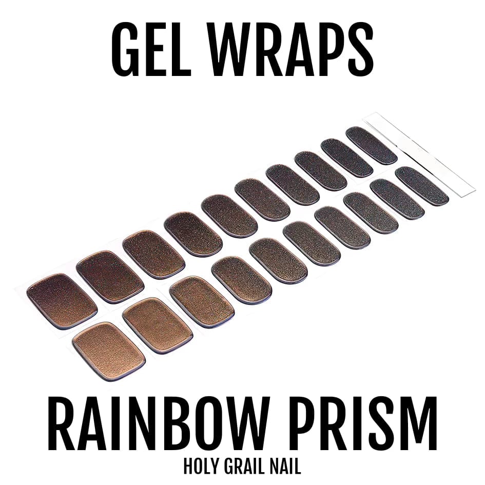 Complete set of bronze to black holographic gel nail wraps with rainbow prism effect