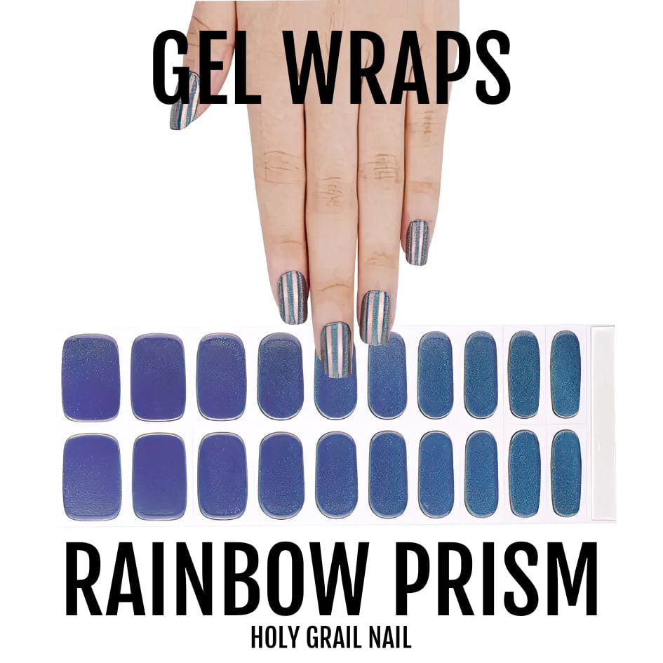 Blue to teal gradient gel nail wrap sheet with holographic rainbow prism design