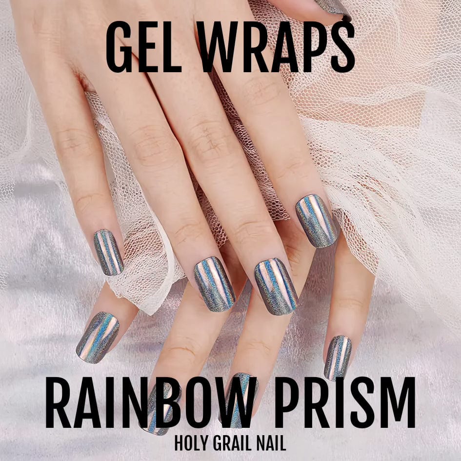 Holographic chrome gel nail wraps showing rainbow prism effect on fingers