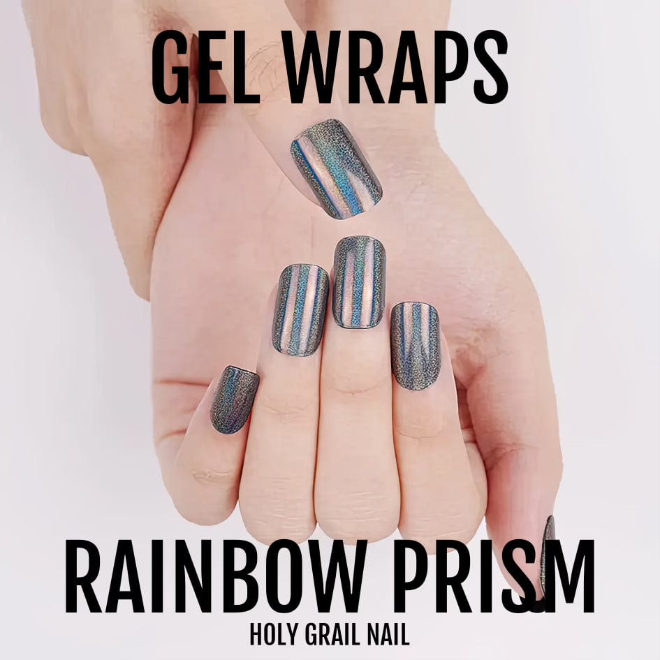 Holographic rainbow prism gel nail wraps with chrome metallic finish promotional display