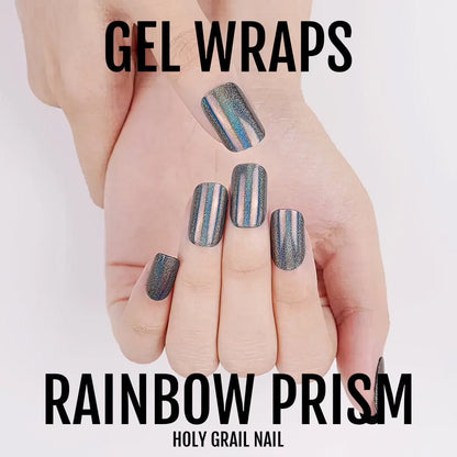 Holographic rainbow prism gel nail wraps with chrome metallic finish promotional display