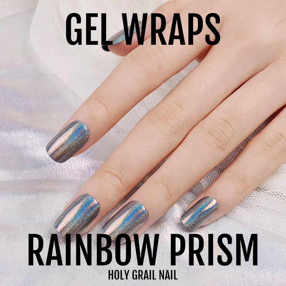 Rainbow prism gel nail wraps with holographic chrome finish on hand manicure