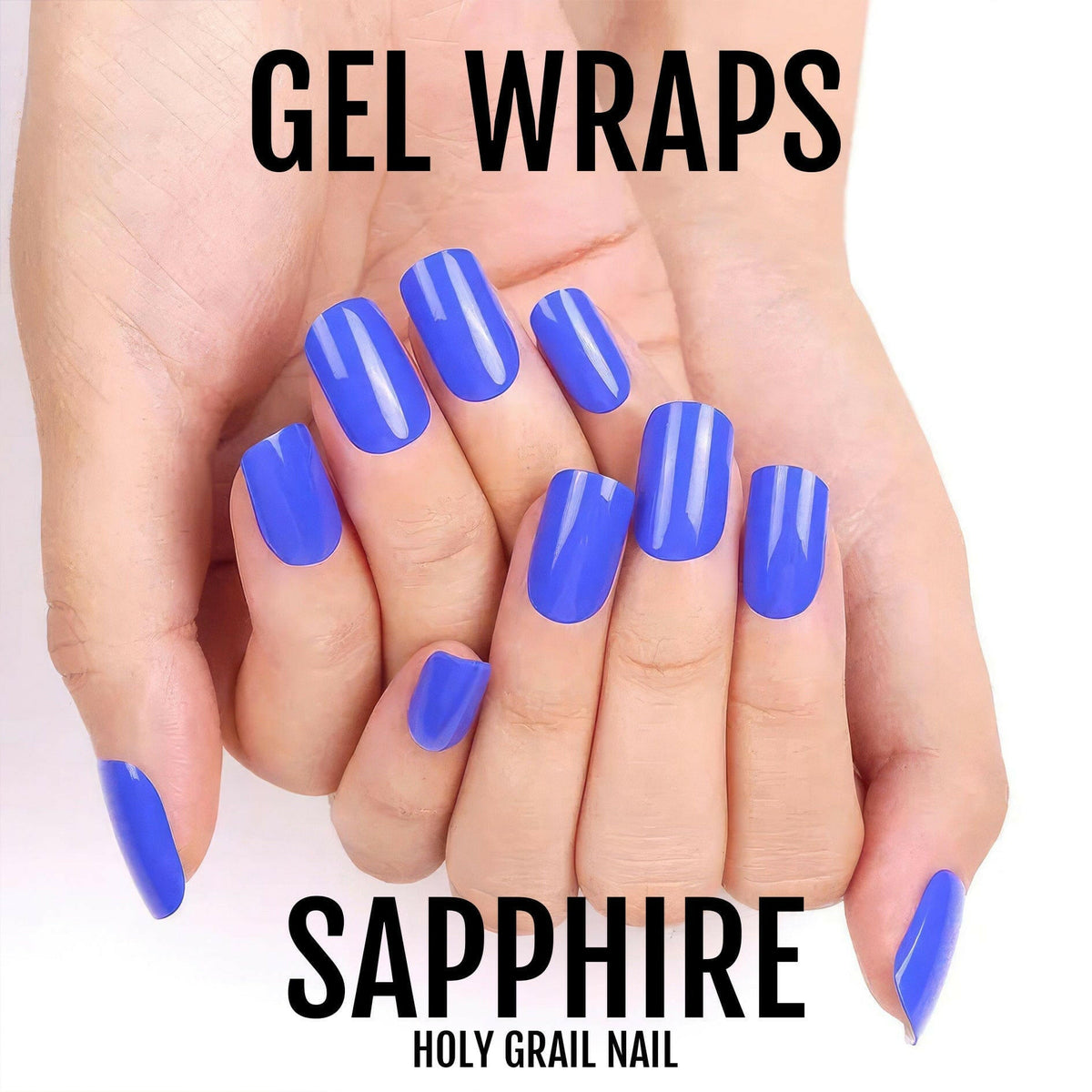 Blue sapphire gel nail wraps on hands showing glossy royal blue manicure finish