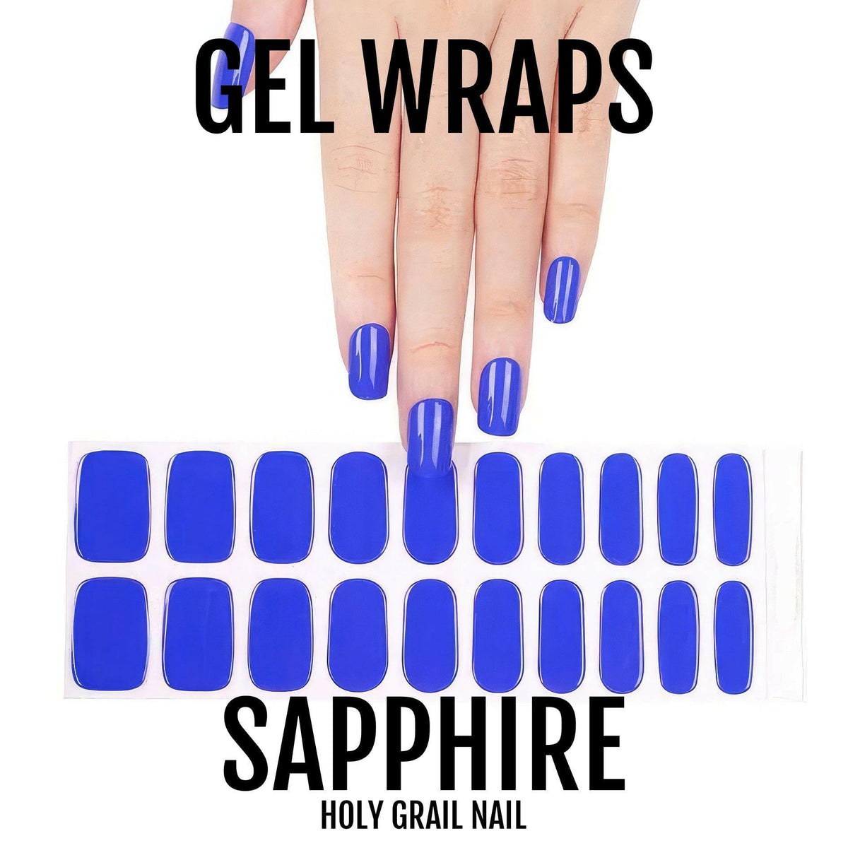 Sapphire blue gel nail wraps on hand showing glossy royal blue manicure finish