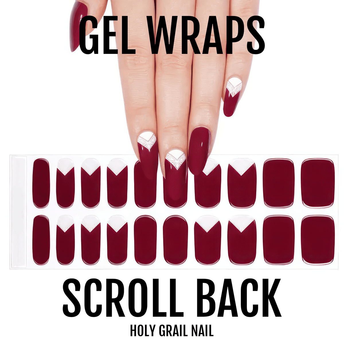 Burgundy gel nail wraps sheet with white art deco design for at-home manicure