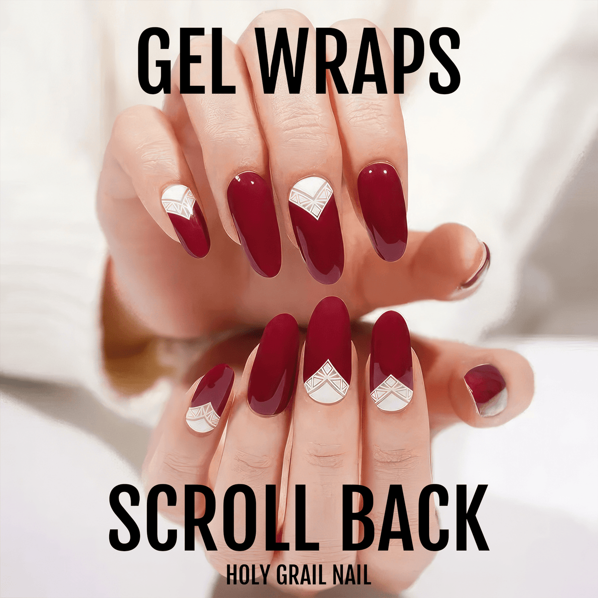 Burgundy gel nail wraps featuring white art deco accents on both hands