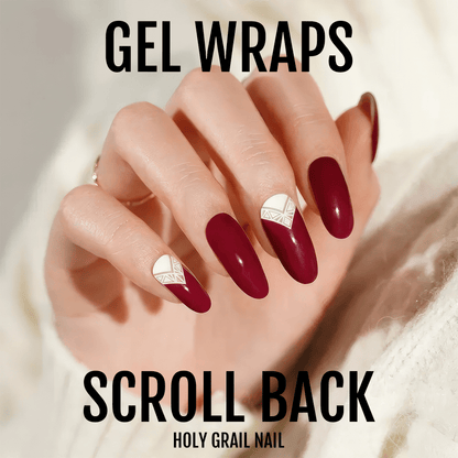 Deep burgundy gel nail wraps with white geometric accent design on hand