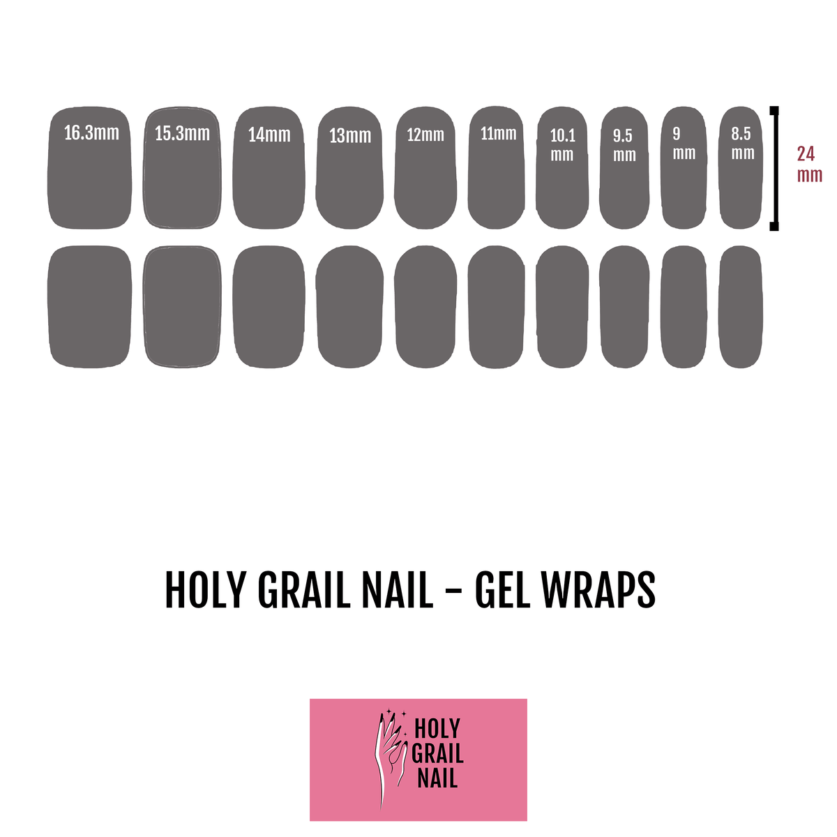 Grey gel nail wraps size chart showing different nail widths for at-home manicure
