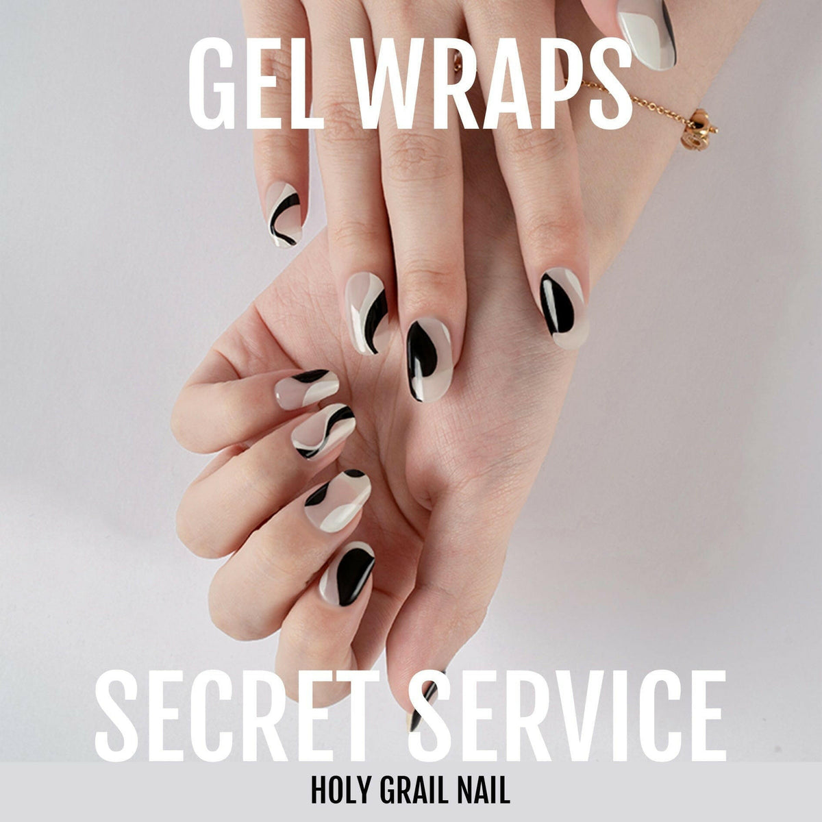 Gel wraps promotional image showing black wave pattern semi-cured nail wraps for at-home manicure
