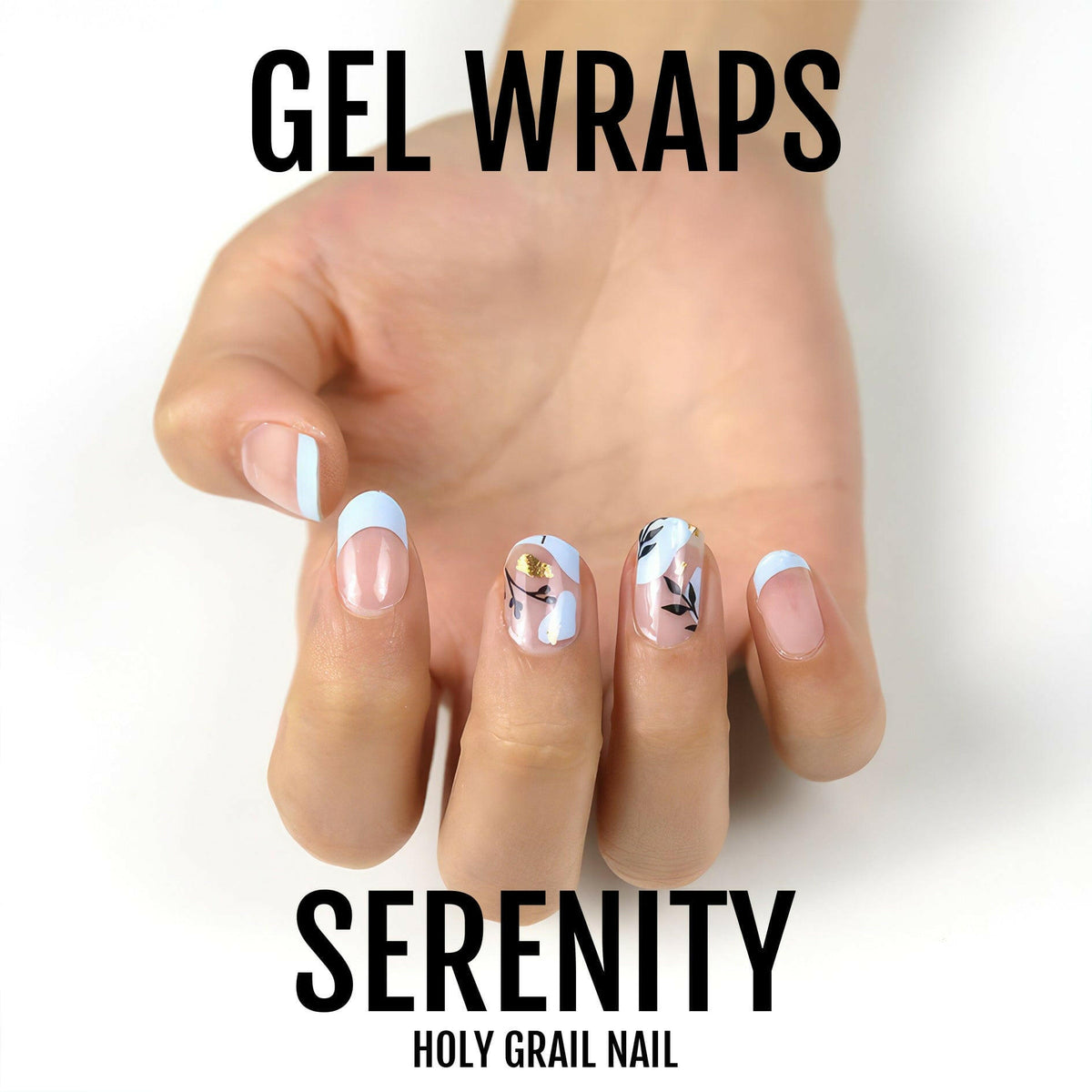 Serenity gel nail wraps on hand featuring white base with delicate floral botanical designs