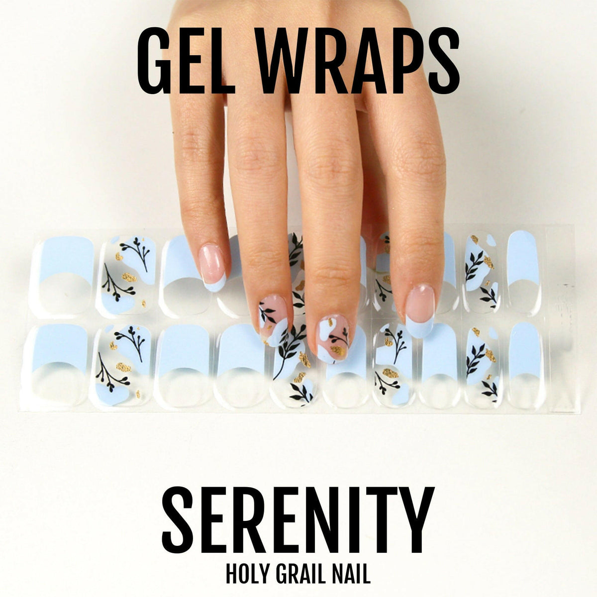 Blue gel nail wraps with delicate botanical leaf patterns on hand model