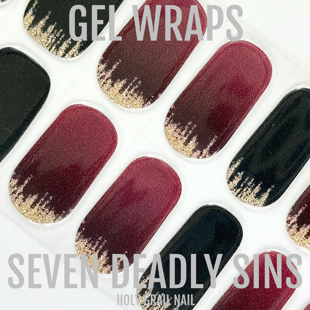 Burgundy and dark green gel nail wraps with gold glitter gradient tips