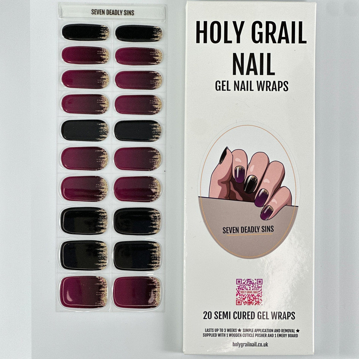 Seven Deadly Sins gel nail wraps packaging showing burgundy and black gothic nail designs