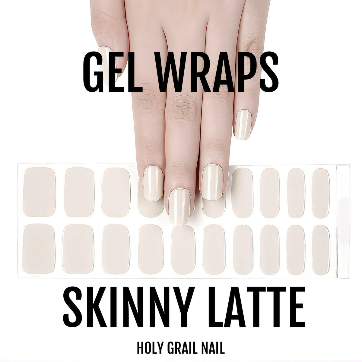 Cream gel nail wraps sheet with hand model showing neutral nude manicure