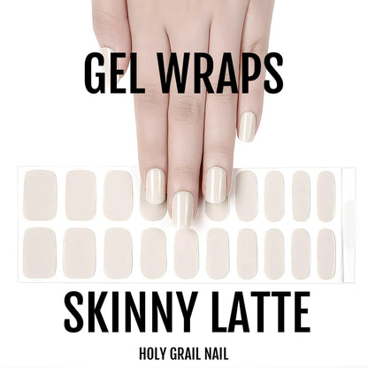 Cream gel nail wraps sheet with hand model showing neutral nude manicure