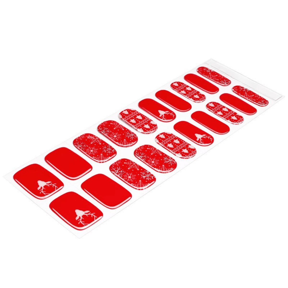 Christmas gel nail wraps set featuring red glittery designs with white reindeer motifs