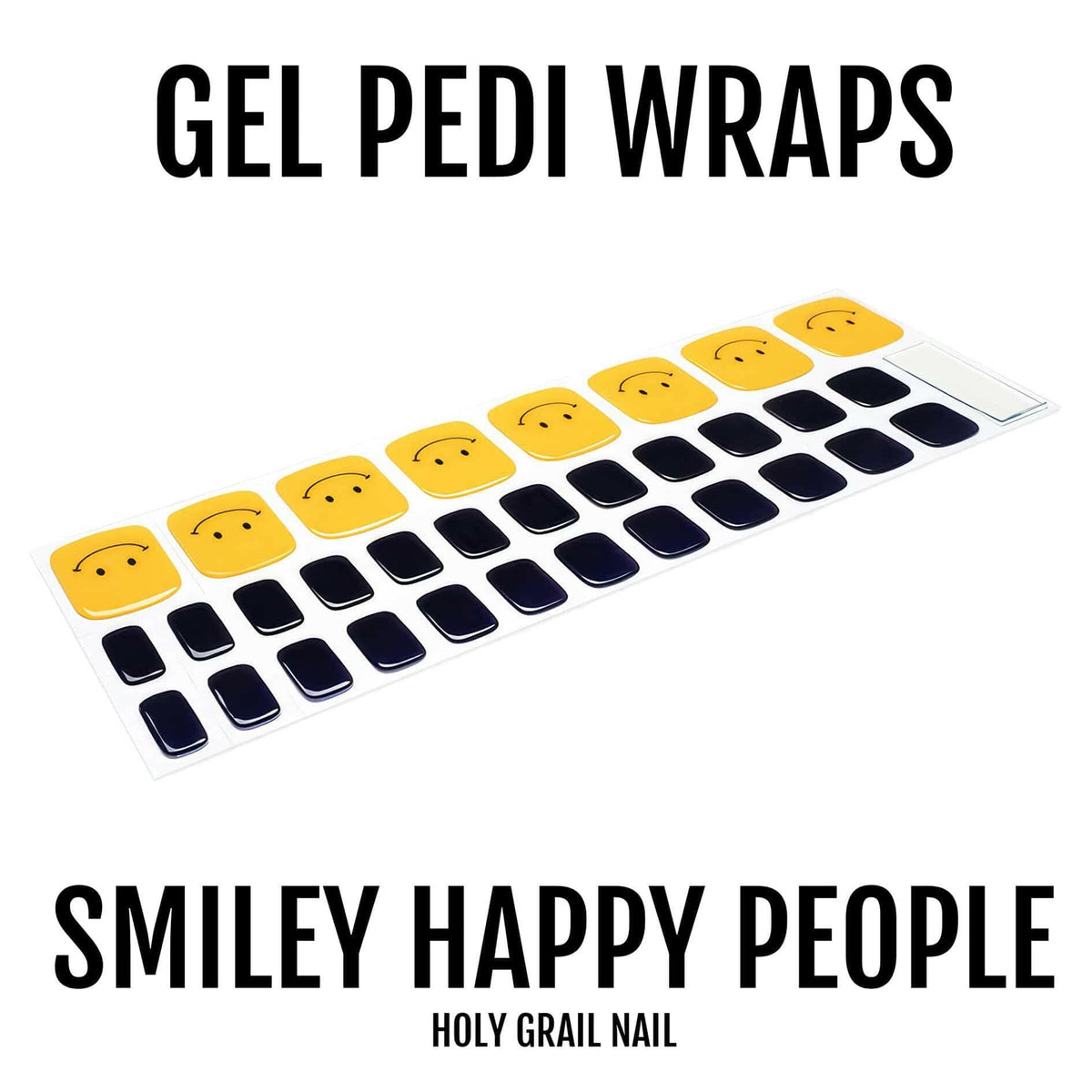 Yellow smiley face and black gel pedi wraps for happy nail art pedicure