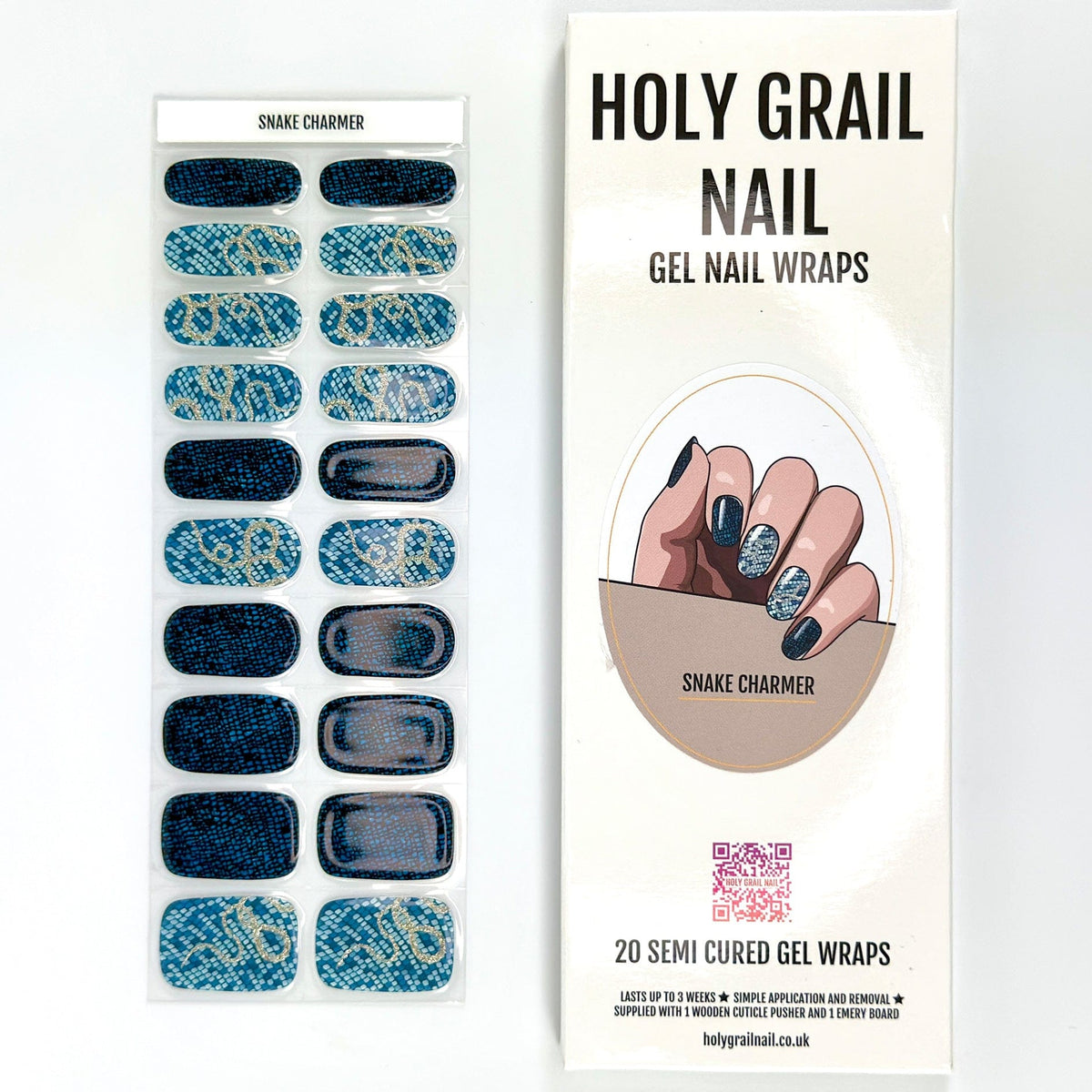 Snake print gel nail wraps packaging with blue metallic animal pattern semi-cured nail strips