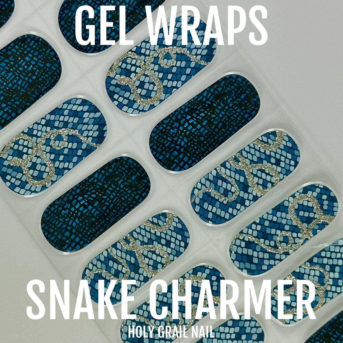 Blue metallic snake print gel nail wraps with silver accents on white background
