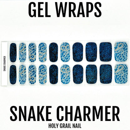 Snake charmer gel wraps sheet displaying blue metallic snake print nail art design variations