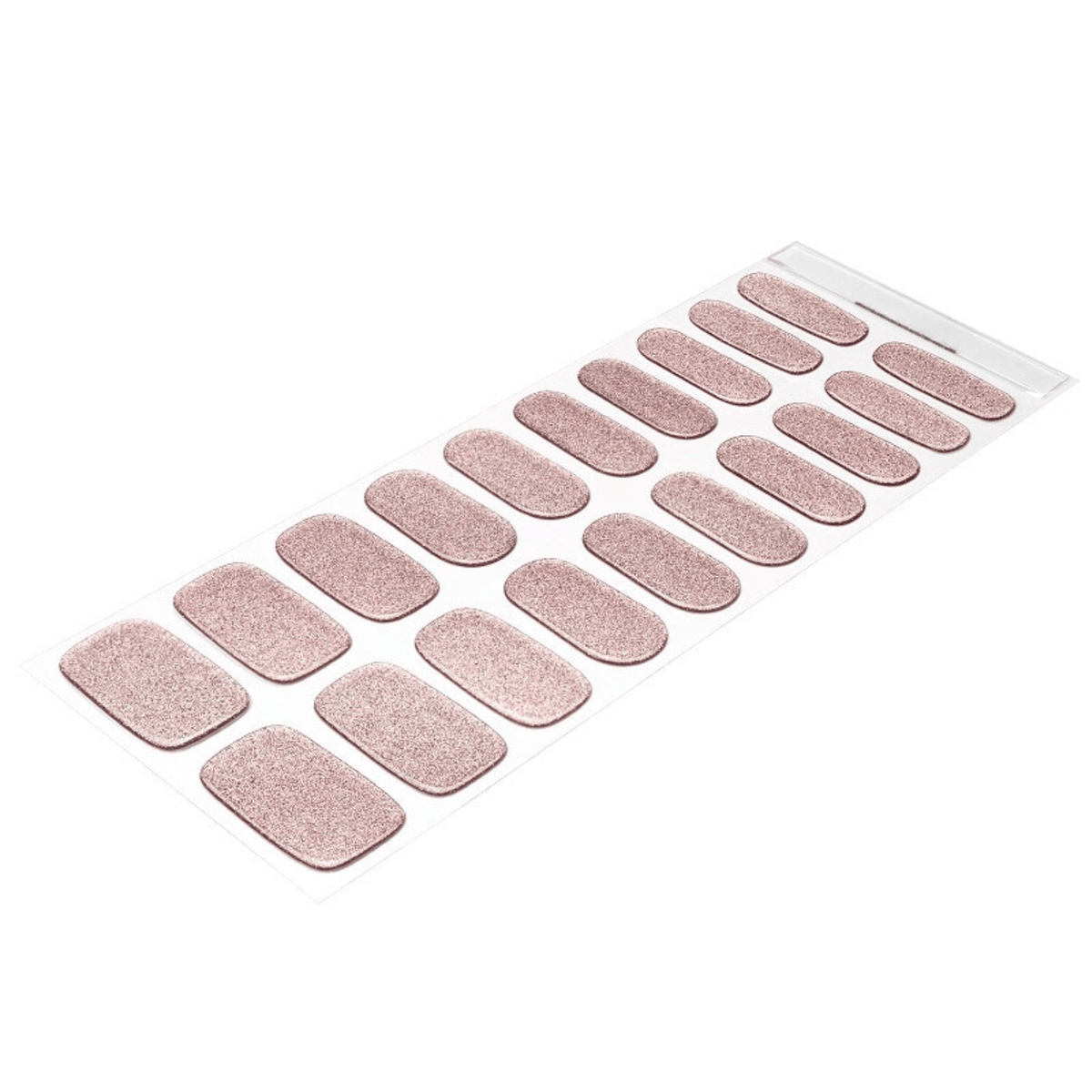 Rose gold glitter gel nail wraps sheet showing 20 individual nail art pieces