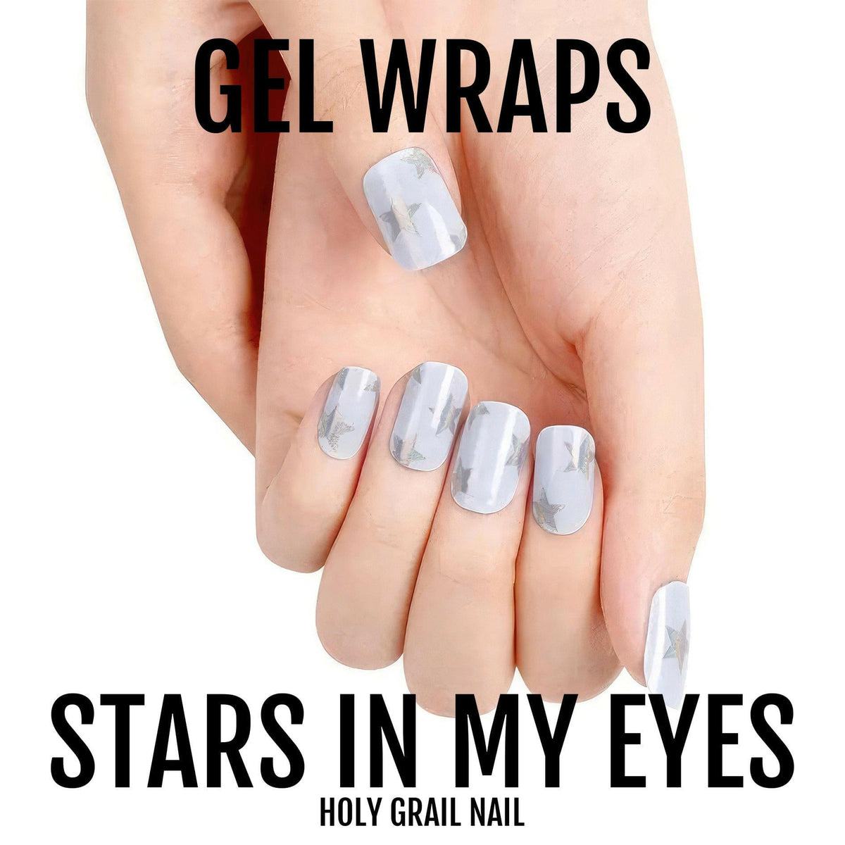 Periwinkle blue gel nail wraps with glitter stars on manicured hand fingers