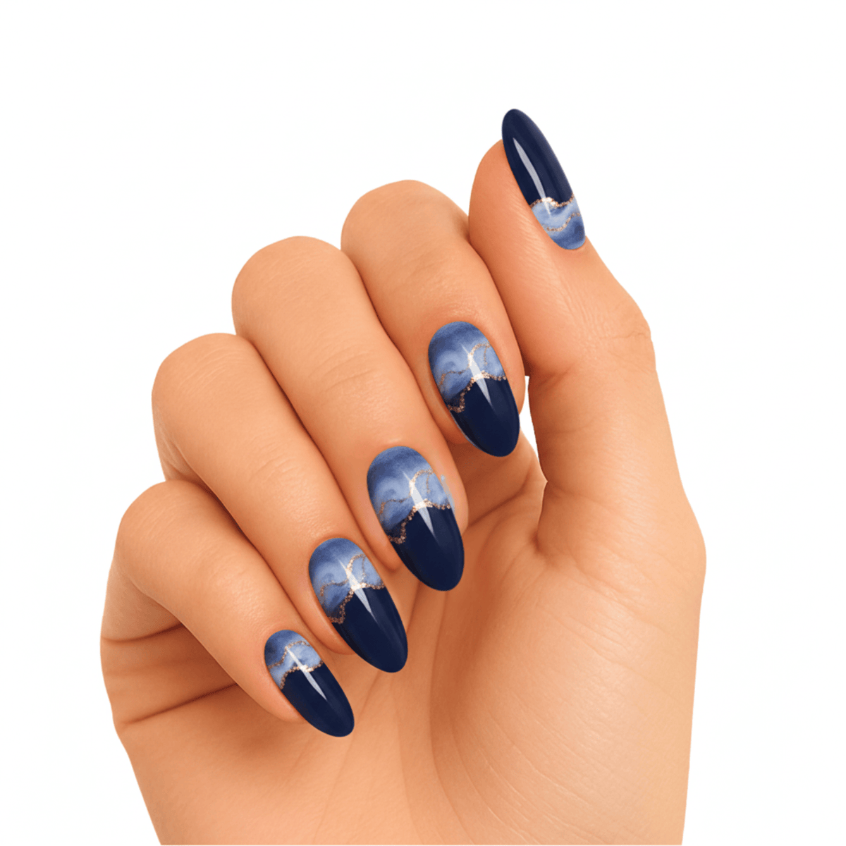 Blue gradient gel nails on hand showing stormy ombre nail art design
