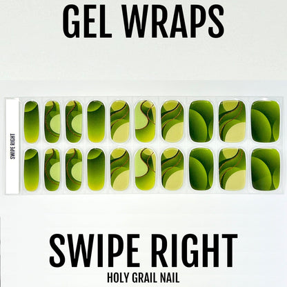 Green ombre gel nail wraps sheet with leaf pattern for botanical manicure