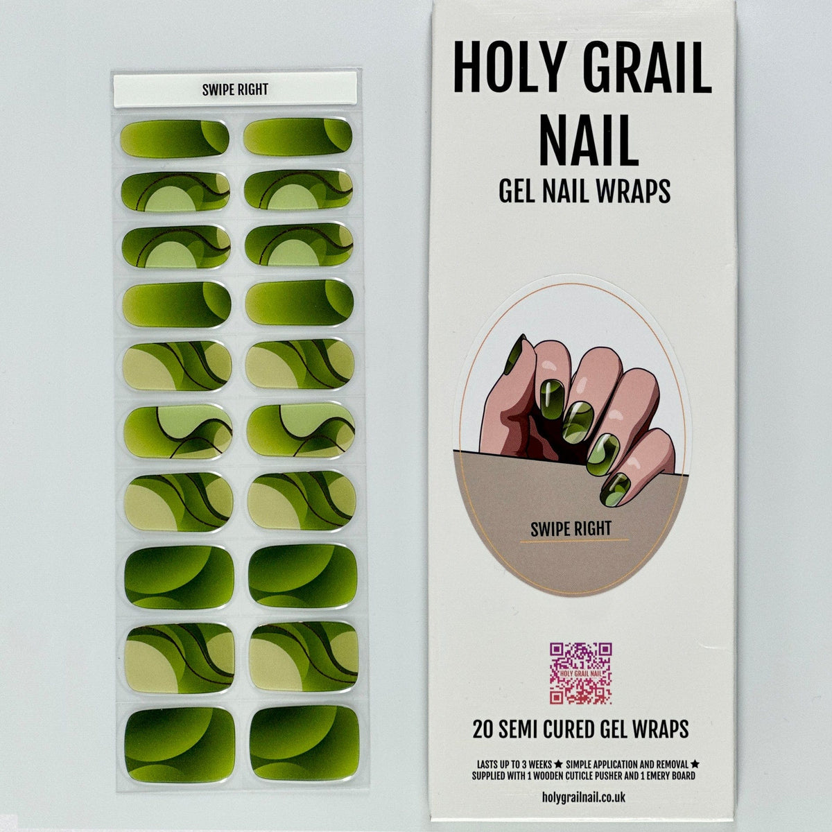 Green leaf gel nail wraps packaging with semi-cured application instructions