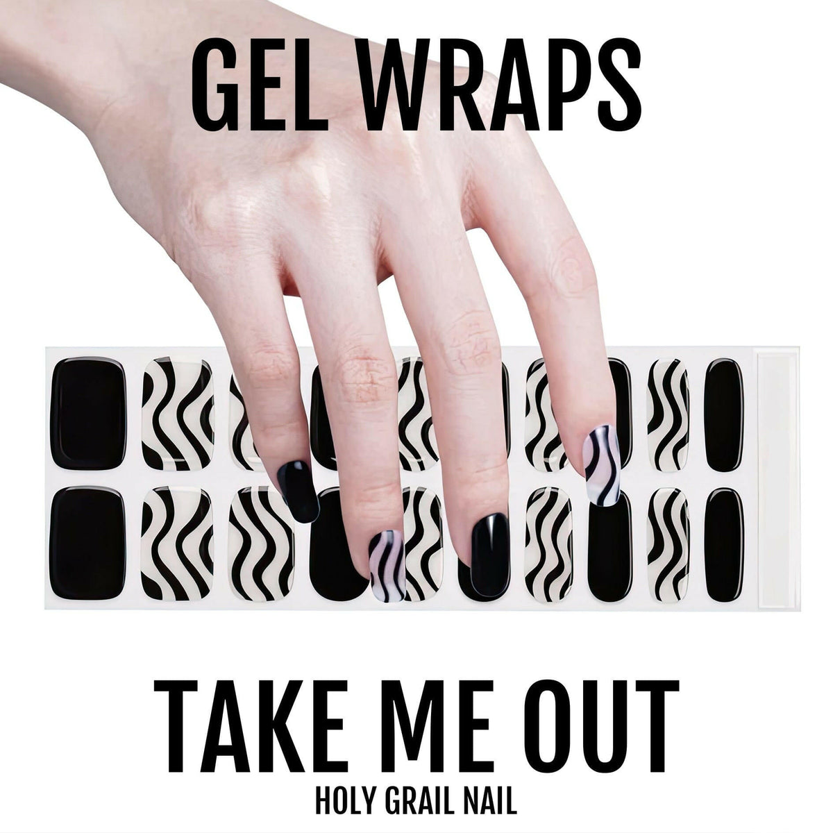 Hand positioned over black and white diagonal striped gel nail wraps sheet