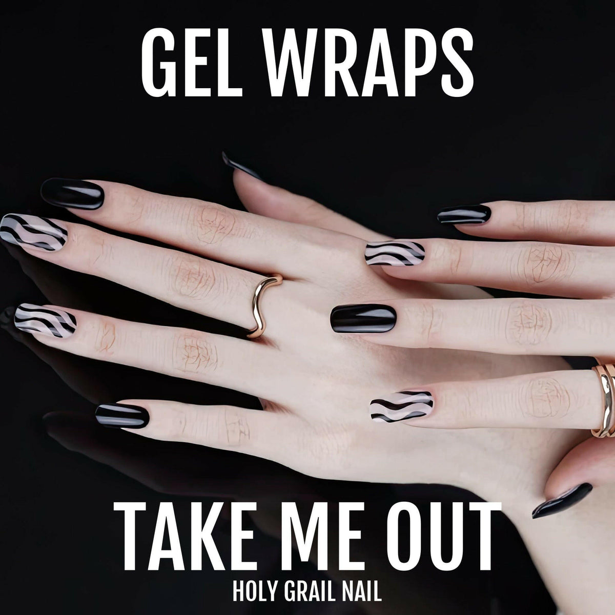 Multiple hands displaying black and white diagonal striped gel nail wraps manicure