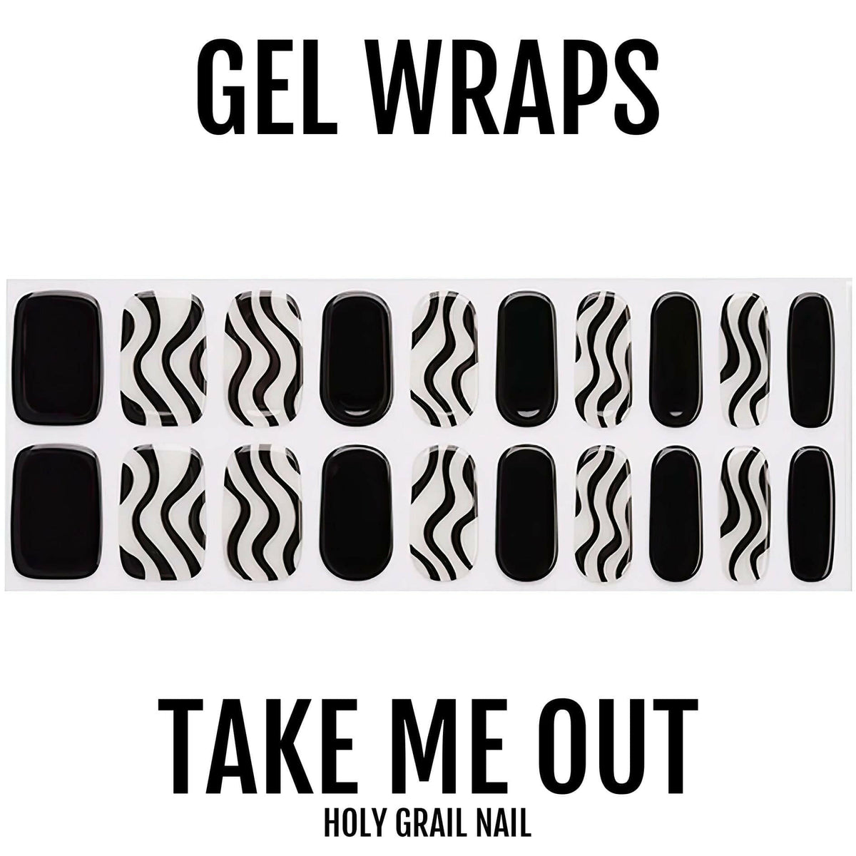 Black and white gel nail wraps with zebra stripe pattern for at-home manicure