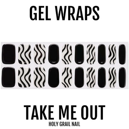 Black and white gel nail wraps with zebra stripe pattern for at-home manicure