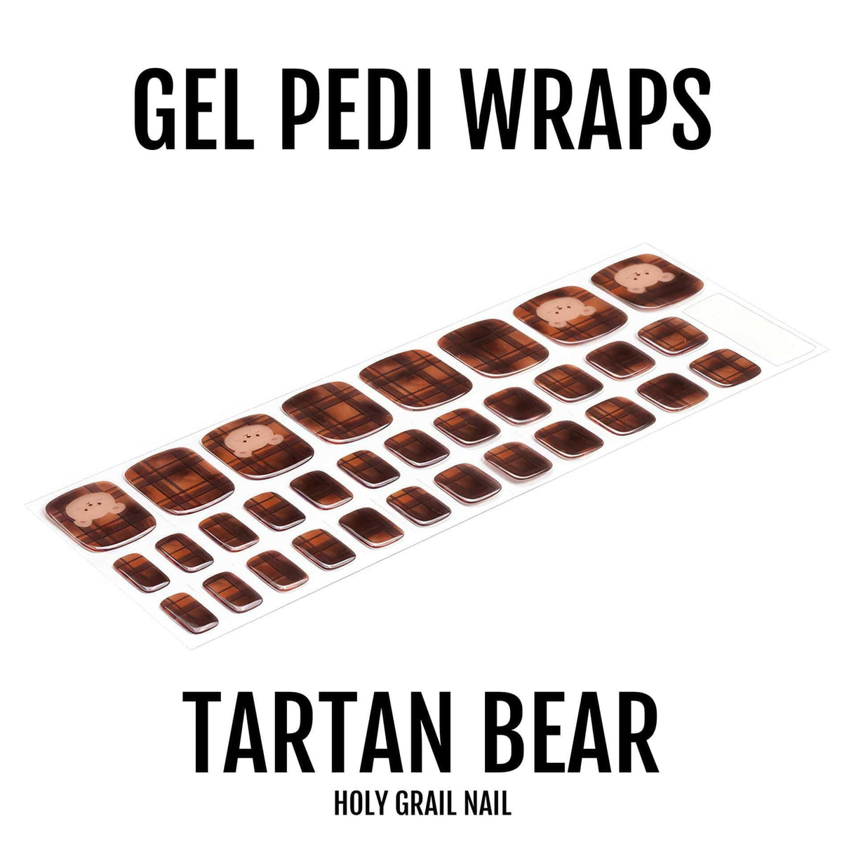 Brown tartan bear pattern gel pedi wraps with cute teddy motifs for pedicure nail art