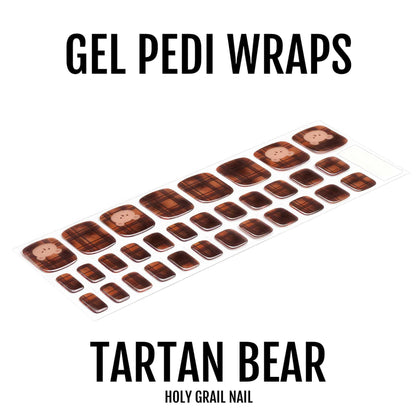 Brown tartan bear pattern gel pedi wraps with cute teddy motifs for pedicure nail art