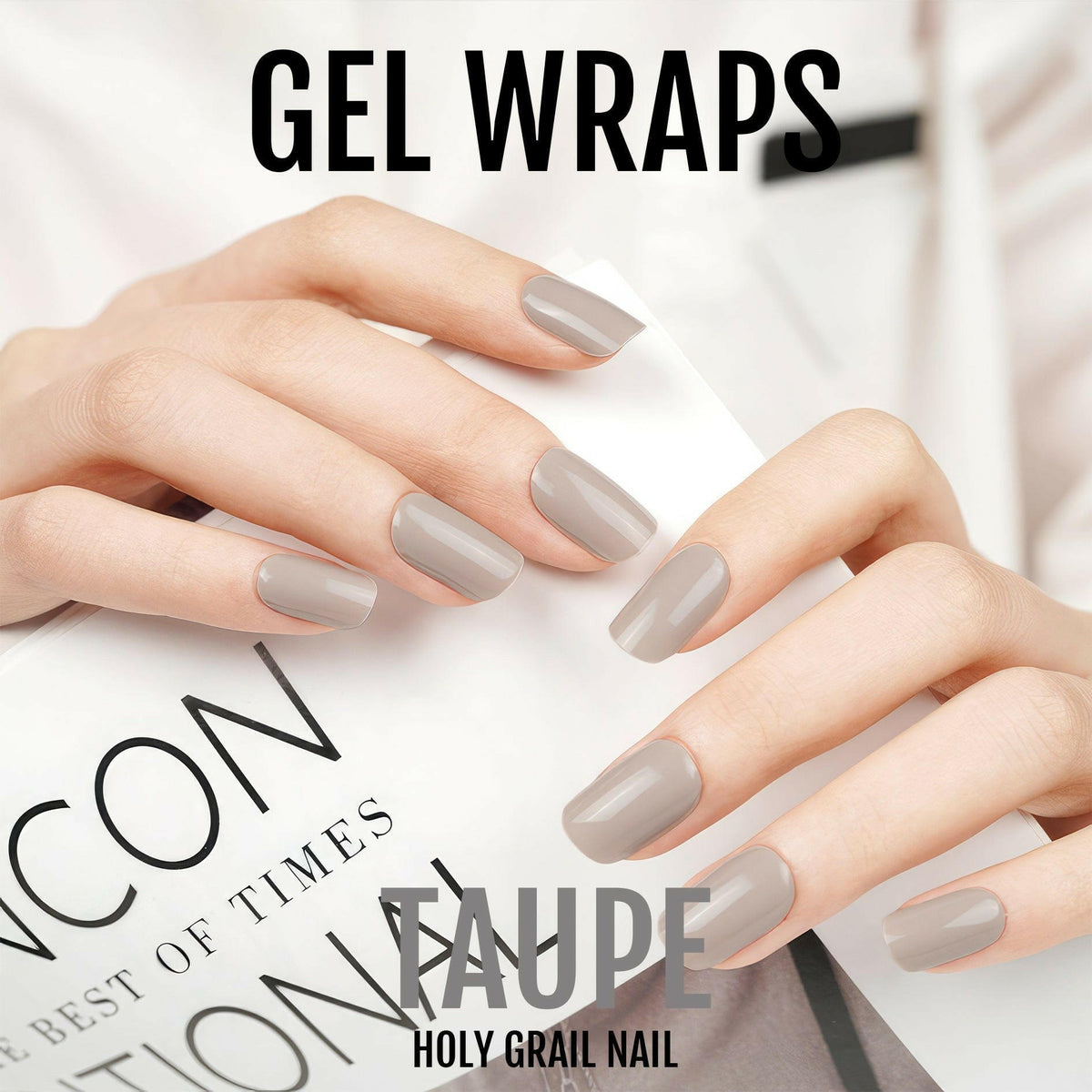 Hands wearing taupe gel nail wraps reading magazine showing everyday neutral nails